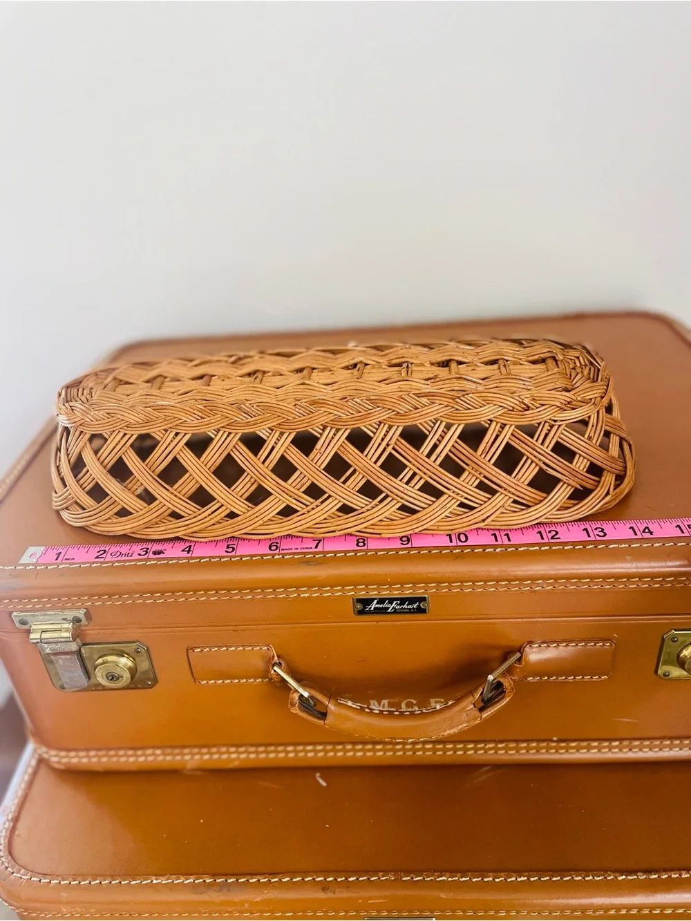 Woven Rattan Oblong Basket Natural Brown Open Weave Diagonals Scalloped Edges